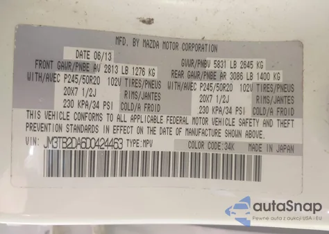 2013 Mazda Cx-9 Grand Touring from USA, damaged, VIN JM3TB2DA6D0424463